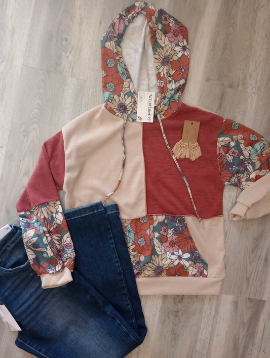 Comfy Rust and Floral Hooded Sweatshirt